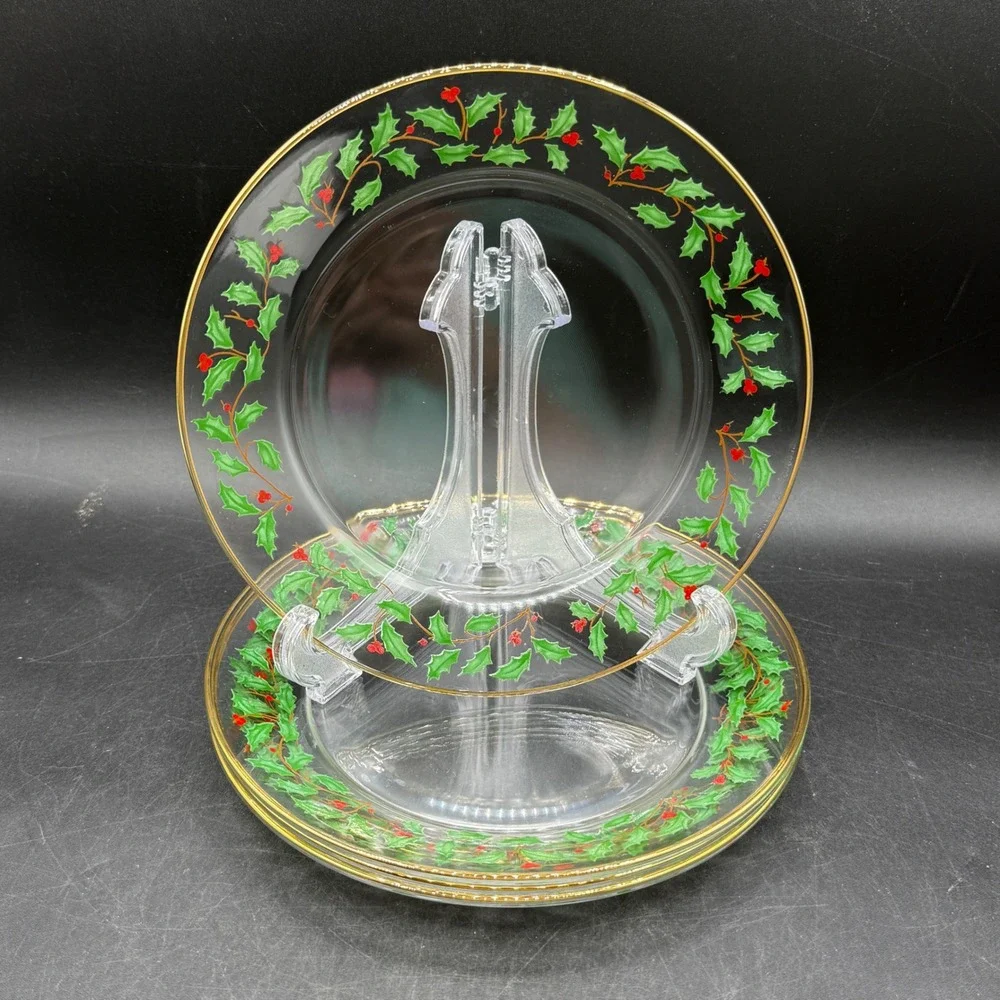 Vintage Lenox Holiday Salad Plates Set of 4 Clear Glass 8in Holly Berry Trad - Picture 3 of 6